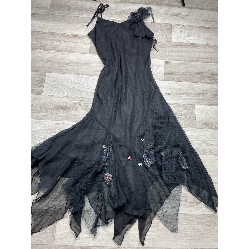 Y2K Black Asymmetrical Fringed Mesh Shell Stones Applique Fairycore Whimsigoth